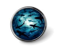 Broche ronde en alliage d'aluminium représentant des silhouettes de requins, les profondeurs océaniques et un voyage galactique sous-marin avec une tortue marine. Accessoire décoratif pour vestes, sac