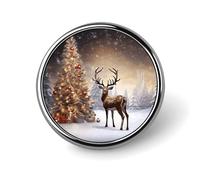 Broche ronde en alliage d'aluminium représentant un sapin de Noël et des rennes, légère et élégante, idéale pour hommes et femmes. Accessoire de mode et de décoration.