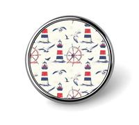 Broche ronde en émail représentant un phare, un gouvernail et des mouettes, à porter comme insigne de revers, bijou ou accessoire pour sac à dos ou chapeau.