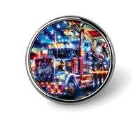 Broche ronde en forme de camion de pompiers avec drapeau américain et loup, épingle à revers, cravate, costume, robe, accessoires de mariage, anniversaire, pour hommes et femmes