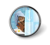 Broche ronde en forme de chat drôle prenant un bain derrière le rideau de douche, épingle à cravate unisexe lisse, badge léger, bijoux artisanaux, décoration pour costume, accessoire pour homme et