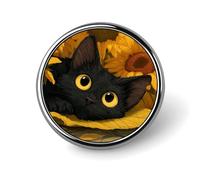 Broche ronde en forme de chat noir allongé sur tournesol jaune pour homme et femme