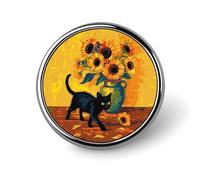Broche ronde en forme de chat noir et tournesol vibrant, épingle à cravate pour femme, homme, employé de bureau, enseignant, décoration