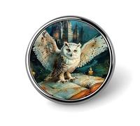Broche ronde en forme de hibou volant au-dessus du livre magique, épingle à cravate pour femme, homme, employé de bureau, enseignant, décoration