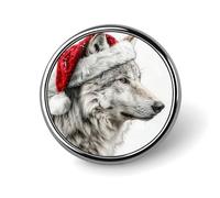 Broche ronde en forme de loup portant un chapeau de Père Noël rouge pour homme et femme