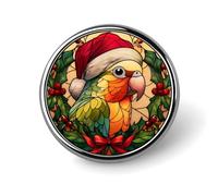 Broche ronde en forme de perroquet portant un chapeau de Père Noël rouge pour homme et femme