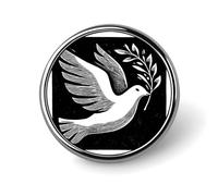 Broche ronde en linogravure en forme de colombe de paix avec brindille d'olive pour homme et femme
