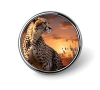 Broche ronde en métal avec motif guépard et coucher de soleil imprimé - pour sacs à dos ou revers - Épingle de Saint-Valentin - 2,5 x 2,5 cm - Alliage d'aluminium