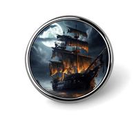 Broche ronde en métal imprimé motif bateau à voile pirate pleine lune - pour sacs à dos ou revers, broche de Saint-Valentin, 2,5 x 2,5 cm, aluminium, alliage d'aluminium