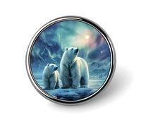 Broche ronde en métal imprimé ours polaires aurores boréales - pour sacs à dos ou revers - Épingle de Saint-Valentin, 2,5 x 2,5 cm, aluminium, alliage d'aluminium