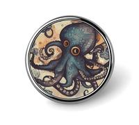 Broche ronde en métal imprimé pieuvre rétro tendance - pour sacs à dos ou revers, broche de Saint-Valentin, 2,5 x 2,5 cm, aluminium, alliage d'aluminium