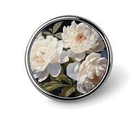 Broche ronde en métal imprimé pivoine blanche tendance - pour sacs à dos ou revers, broche de Saint-Valentin, 2,5 x 2,5 cm, aluminium, alliage d'aluminium