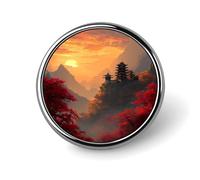 Broche ronde en métal représentant un coucher de soleil sur une pagode japonaise - Insigne tendance - Bijou décoratif unisexe