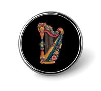 Broche ronde en métal représentant une harpe musicale ornée d'une fleur, style unisexe.