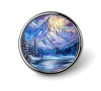 Broche ronde en vitrail Majestic Winter Mountain pour homme et femme - Broche tendance pour col de robe, veste, sac à dos