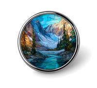 Broche ronde en vitrail représentant des glaciers et des montagnes, accessoire de mode pour hommes et femmes, à porter au col, sur une robe, une veste ou un sac à dos.