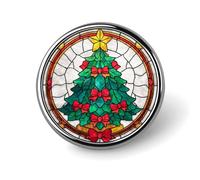 Broche ronde en vitrail représentant un sapin de Noël orné de nœuds rouges, pour homme et femme. Accessoire de mode pour col, veste, sac à dos.