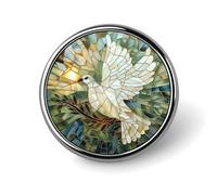 Broche ronde en vitrail représentant une colombe blanche portant un rameau d'olivier, pour homme et femme. Accessoire de mode : insigne, épingle à col, robe, veste, sac à dos.