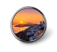 Broche ronde mignonne avec insigne représentant un coucher de soleil sur une île grecque, accessoire de mode personnalisé pour un mariage ou une fête. Idéale comme insigne, broche ou bijou. Cadeau par
