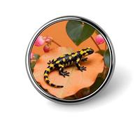 Broche ronde mignonne en émail représentant une salamandre de feu sur un bégonia, unisexe, pour vêtements, chapeaux, sacs et sacs à dos.