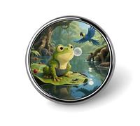 Broche ronde mignonne et unisexe représentant une grenouille sur un nénuphar et une fourmi argentée du Sahara en quête de nourriture. Idéale pour vêtements, chapeaux, sacs et sacs à dos.