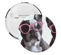 Broche ronde personnalisée en forme de bouledogue français avec lunettes roses - Grand bouton artisanal - Convient pour les enseignants, les infirmières, les médecins, le personnel, les cadeaux de