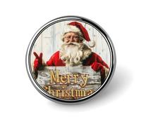 Broche ronde représentant le Père Noël tenant une pancarte en bois « Joyeux Noël », pour homme et femme. Accessoire de mode : insigne, épingle à col, robe, veste, sac à dos.
