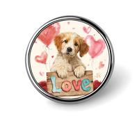 Broche ronde représentant un adorable chiot joyeux, des roses rouges, un cœur et des ballons : un accessoire de mode pour hommes et femmes, idéal pour le col, les robes, les vestes et les sacs à dos