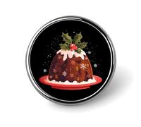 Broche ronde représentant un pudding de Noël britannique, à porter en guise de bouton ou d'insigne pour cravate, chapeau, vêtement ou bijou.