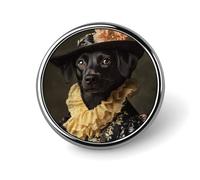Broche ronde représentant une femelle chienne noire vêtue de beaux vêtements, accessoire de mode pour hommes et femmes : insigne, épingle à col, robe, veste, sac à dos.