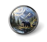 Broche ronde rustique représentant une famille d'ours en forêt, à porter en guise de bouton ou d'épingle à revers. Idéale pour décorer vêtements, chapeaux et autres accessoires pour femmes et hommes.