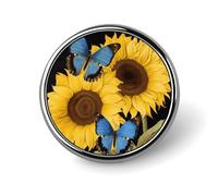 Broche ronde tendance en forme de tournesols jaunes avec papillons bleus imprimés, broches rondes en métal - pour sacs à dos ou revers, broche de Saint-Valentin, 2,5 x 2,5 cm, aluminium, alliage