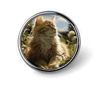 Broche ronde tendance en métal imprimé chat assis dans un champ vert - pour sacs à dos ou revers, épingle de Saint-Valentin, 2,5 x 2,5 cm, aluminium, alliage d'aluminium