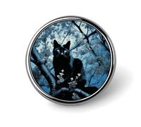 Broche ronde tendance en métal imprimé chat noir sur arbre - pour sacs à dos ou revers, broche de Saint-Valentin, 2,5 x 2,5 cm, aluminium, alliage d'aluminium