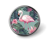 Broche ronde tendance en métal imprimé feuilles tropicales et flamant rose - pour sacs à dos ou revers, broche de Saint-Valentin, 2,5 x 2,5 cm, aluminium, alliage d'aluminium