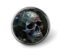 Broche ronde tendance en métal imprimé feuilles vertes et tête de mort - pour sacs à dos ou revers, broche de Saint-Valentin, 2,5 x 2,5 cm, aluminium, alliage d'aluminium