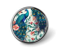 Broche ronde tendance en métal imprimé fleurs de paon - pour sacs à dos ou revers, broche de Saint-Valentin, 2,5 x 2,5 cm, aluminium, alliage d'aluminium