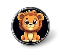 Broche ronde tendance en métal imprimé lion mignon dessin animé - pour sacs à dos ou revers, broche de Saint-Valentin, 2,5 x 2,5 cm, aluminium, alliage d'aluminium