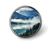 Broche ronde tendance en métal imprimé paysage de montagnes brumeuses - pour sacs à dos ou revers, broche de Saint-Valentin, 2,5 x 2,5 cm, aluminium, alliage d'aluminium