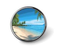 Broche ronde tendance en métal imprimé plage hawaïenne avec palmiers - pour sacs à dos ou revers, broche de Saint-Valentin, 2,5 x 2,5 cm, aluminium, alliage d'aluminium