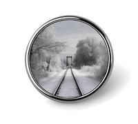 Broche ronde tendance en métal imprimé sur les chemins de train enneigés - pour sacs à dos ou revers, épingle de Saint-Valentin, 2,5 x 2,5 cm, aluminium, alliage d'aluminium