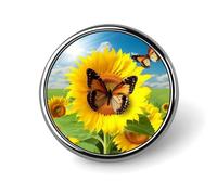 Broche ronde tendance en métal imprimé tournesol papillon - pour sacs à dos ou revers, broche de Saint-Valentin, 2,5 x 2,5 cm, aluminium, alliage d'aluminium