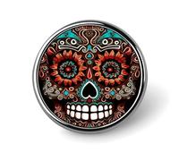 Broche ronde tendance, motif têtes de mort mexicaines, inspirée du Jour des Morts. Idéale pour un usage quotidien, elle peut également servir de broche de Saint-Valentin ou de mariage.