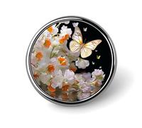 Broche ronde tendance, ornée de papillons et de fleurs de narcisse. Broche imprimée, idéale pour un usage quotidien. Parfaite pour la Saint-Valentin ou un mariage.