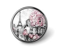 Broche ronde unisexe à motif de fleurs de cerisier roses et de la Tour Eiffel, motif couple dans une rue parisienne grise, épingle à cravate lisse, badge léger, bijoux artisanaux, décoration pour c