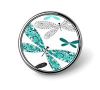 Broche ronde vintage turquoise, noir et blanc, motif libellules sur fond blanc, épingle à cravate unisexe lisse, badge léger, bijoux artisanaux, décoration pour costume, accessoire pour homme et fe
