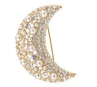 Broche tendance en forme de lune avec strass et perles artificielles en métal doré, 4 x 2.5 cm, Plastique, comme description