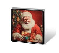 Broche unisexe représentant un Père Noël souriant assis à table. Badge carré léger à porter sur vêtements, châles et chapeaux.