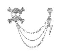 Broche vintage en forme de tête de mort avec strass - Personnalité rétro - Éclairage en cristal - Chaîne à pompons - Pour col de chemise - Badge pour homme et femme, Argenté, strass