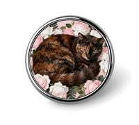 Broches à revers représentant un chat écaille de tortue dans des roses, broche ronde tendance, badge bouton mignon en alliage pour chapeau, chemise, vêtements et sacs.